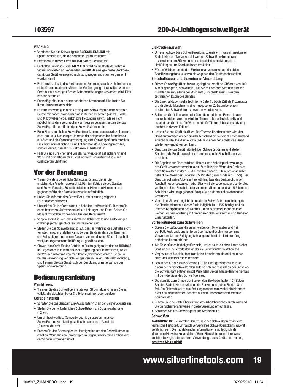 Vor der benutzung, Bedienungsanleitung | Silverline 200A Inverter Arc Welder User Manual | Page 20 / 40