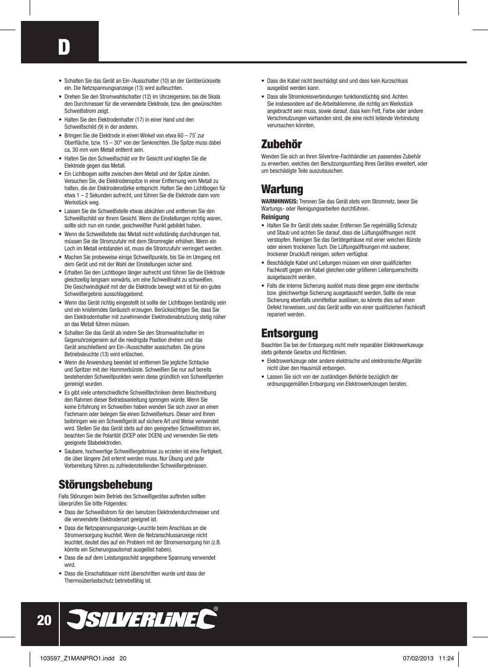 Störungsbehebung, Zubehör, Wartung | Entsorgung | Silverline 200A Inverter Arc Welder User Manual | Page 21 / 40