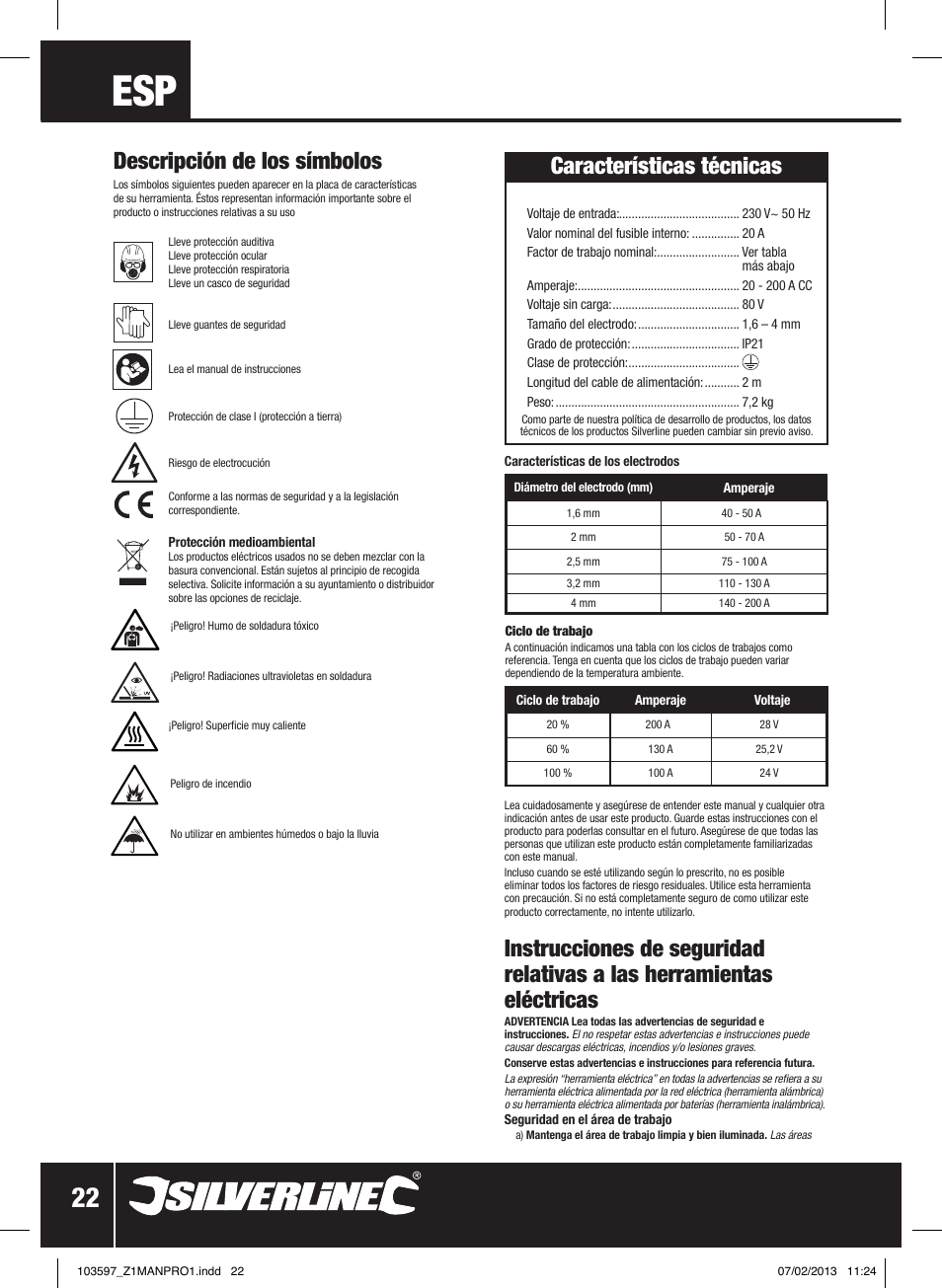 Características técnicas, Descripción de los símbolos | Silverline 200A Inverter Arc Welder User Manual | Page 23 / 40