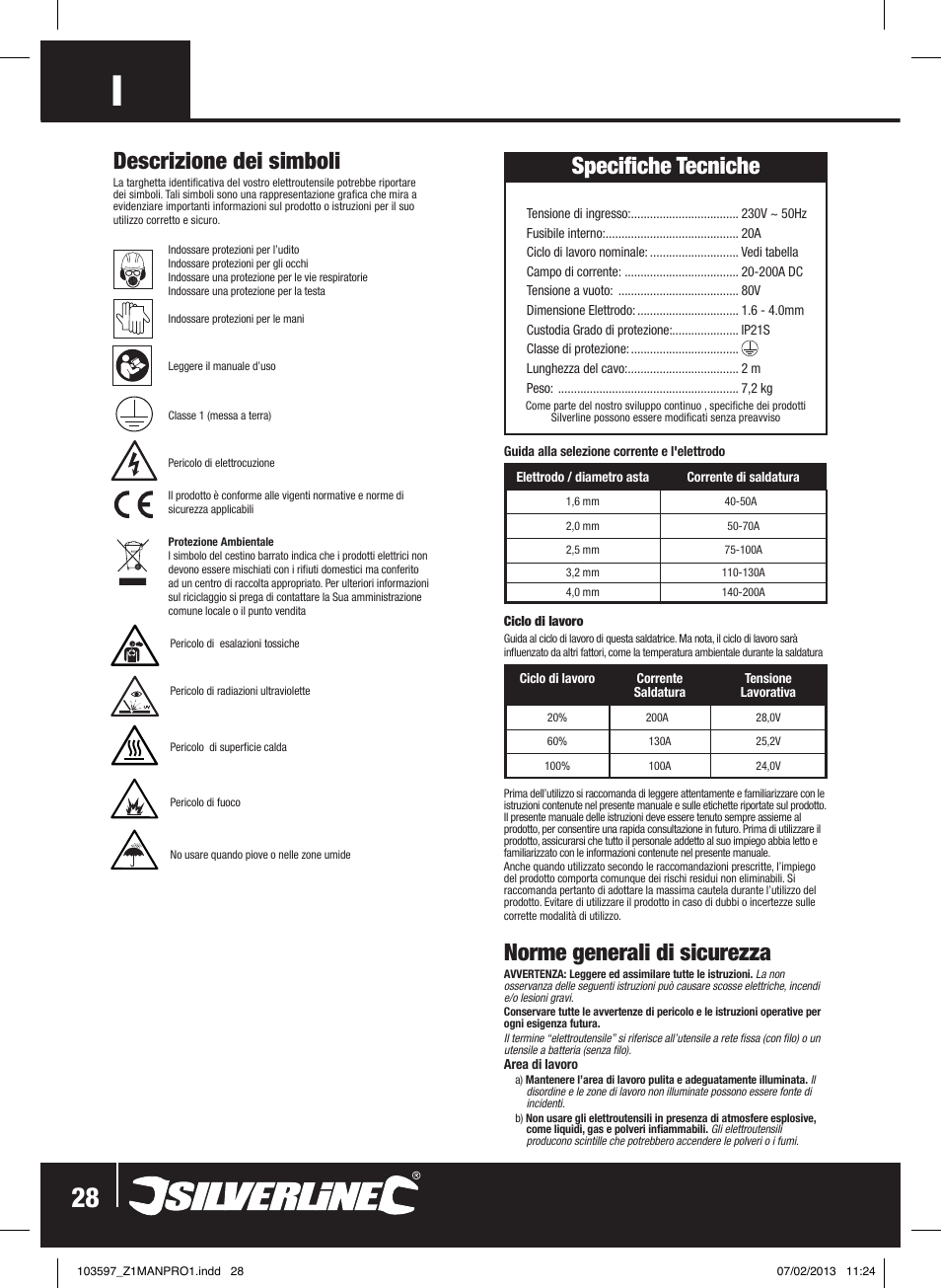 Specifiche tecniche, Norme generali di sicurezza, Descrizione dei simboli | Silverline 200A Inverter Arc Welder User Manual | Page 29 / 40