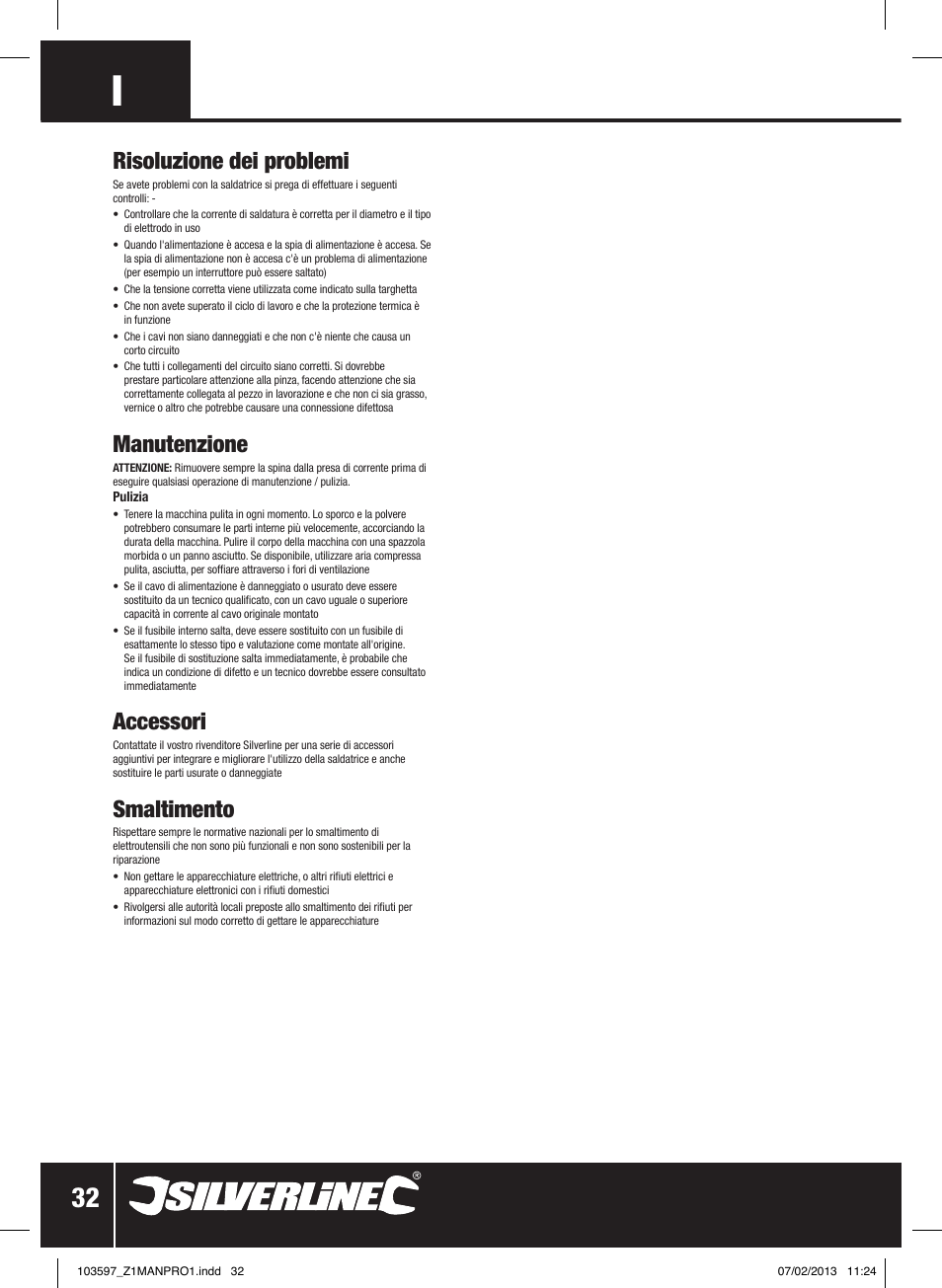 Risoluzione dei problemi, Manutenzione, Accessori | Smaltimento | Silverline 200A Inverter Arc Welder User Manual | Page 33 / 40