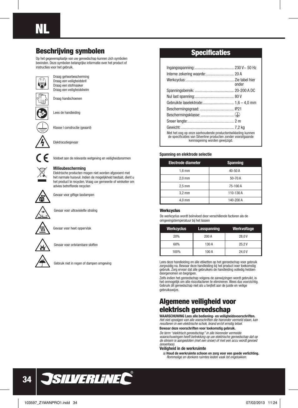 Beschrijving symbolen, Algemene veiligheid voor elektrisch gereedschap, Specificaties | Silverline 200A Inverter Arc Welder User Manual | Page 35 / 40