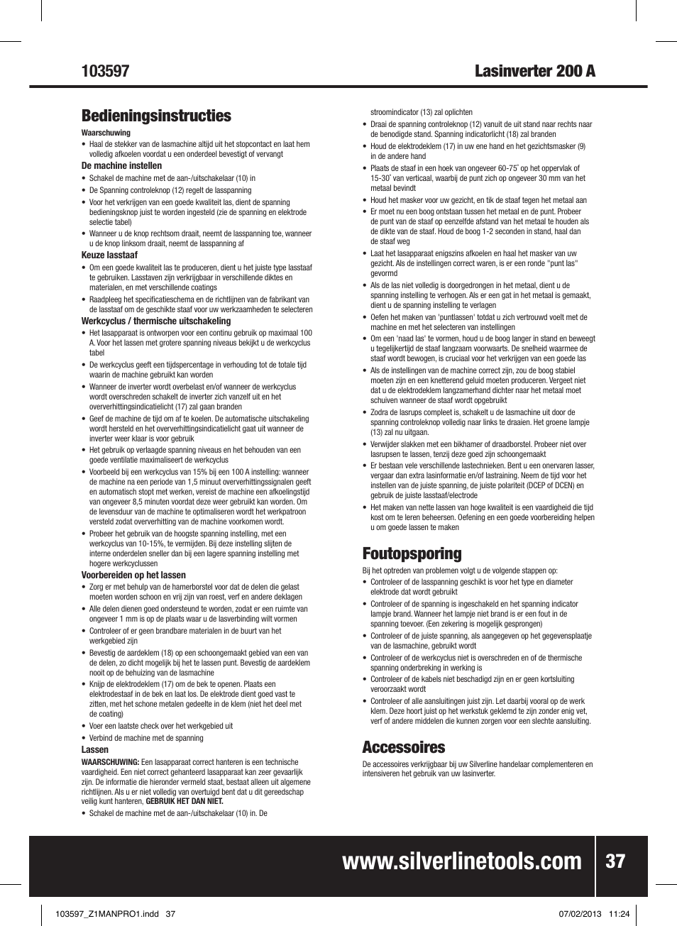 Foutopsporing, Accessoires | Silverline 200A Inverter Arc Welder User Manual | Page 38 / 40