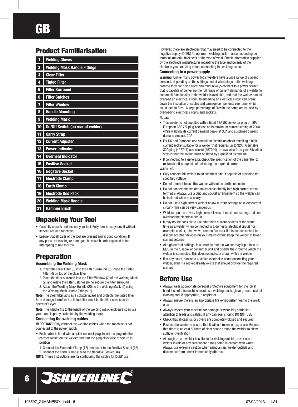 Product familiarisation unpacking your tool, Preparation, Before use | Silverline 200A Inverter Arc Welder User Manual | Page 7 / 40