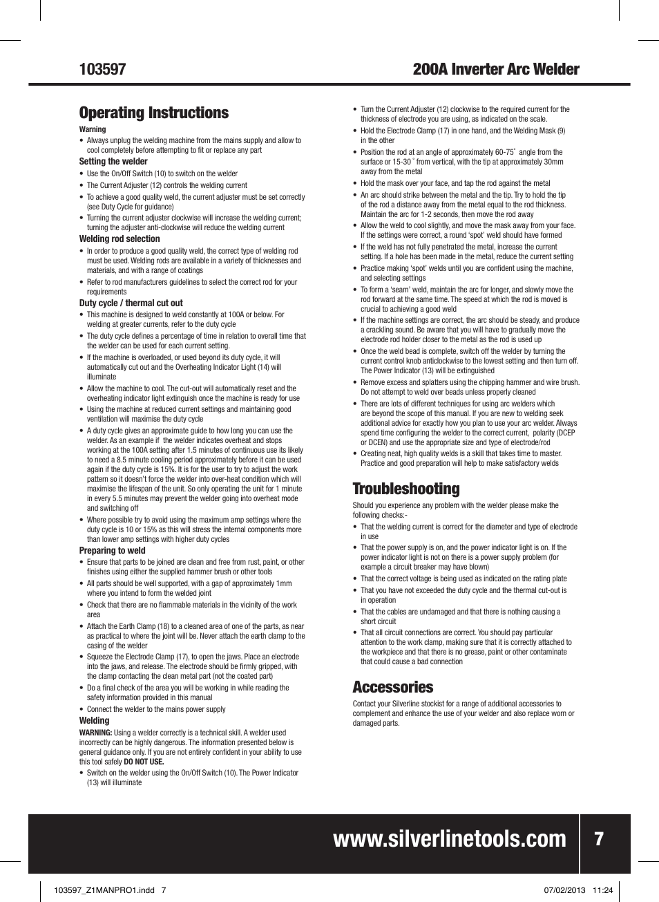 Troubleshooting, Accessories | Silverline 200A Inverter Arc Welder User Manual | Page 8 / 40