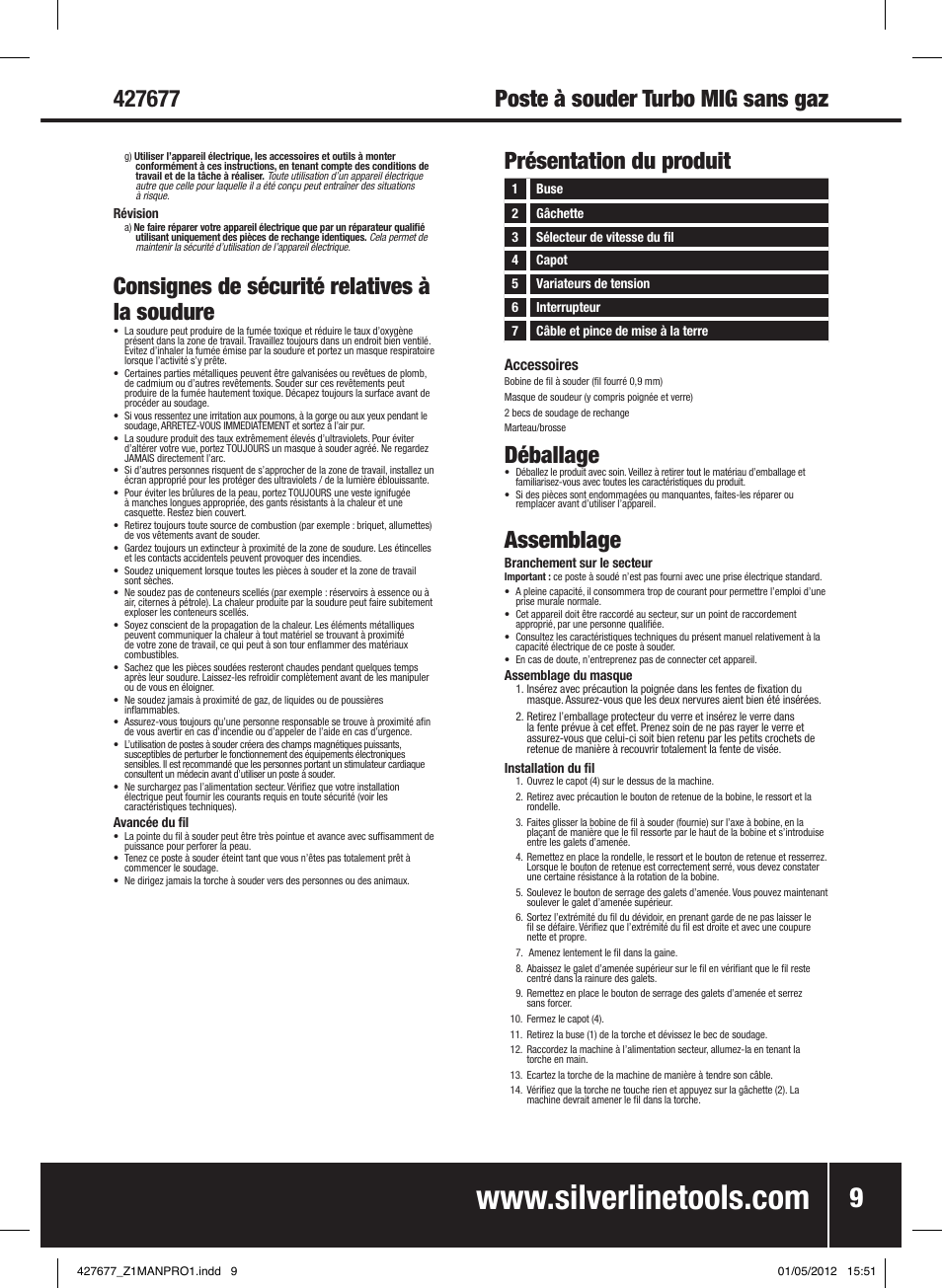 Consignes de sécurité relatives à la soudure, Déballage, Assemblage | Présentation du produit | Silverline 120A Gasless Turbo Mig User Manual | Page 10 / 28