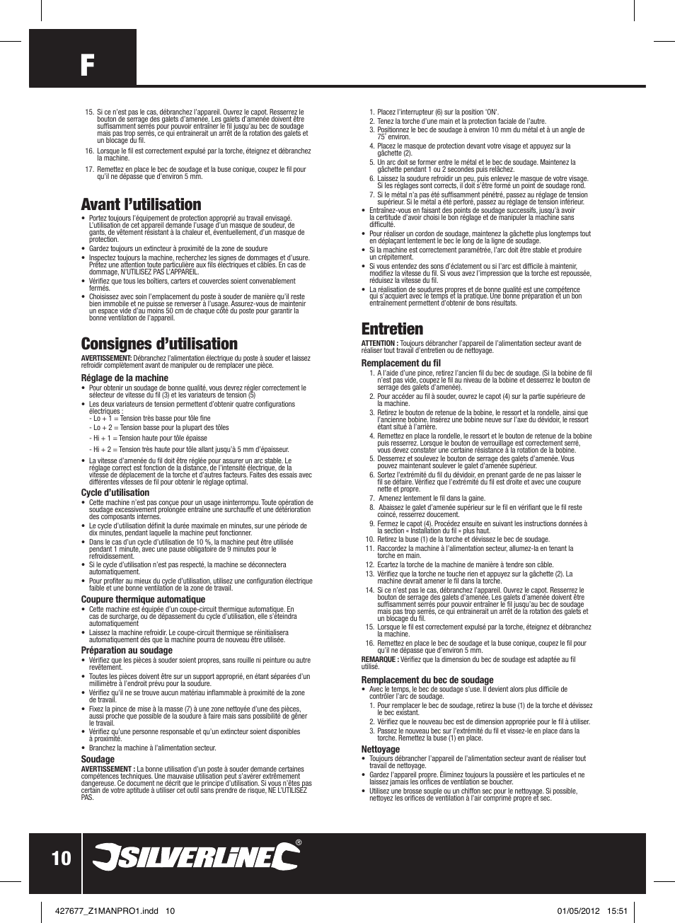 Avant l’utilisation, Consignes d’utilisation, Entretien | Silverline 120A Gasless Turbo Mig User Manual | Page 11 / 28