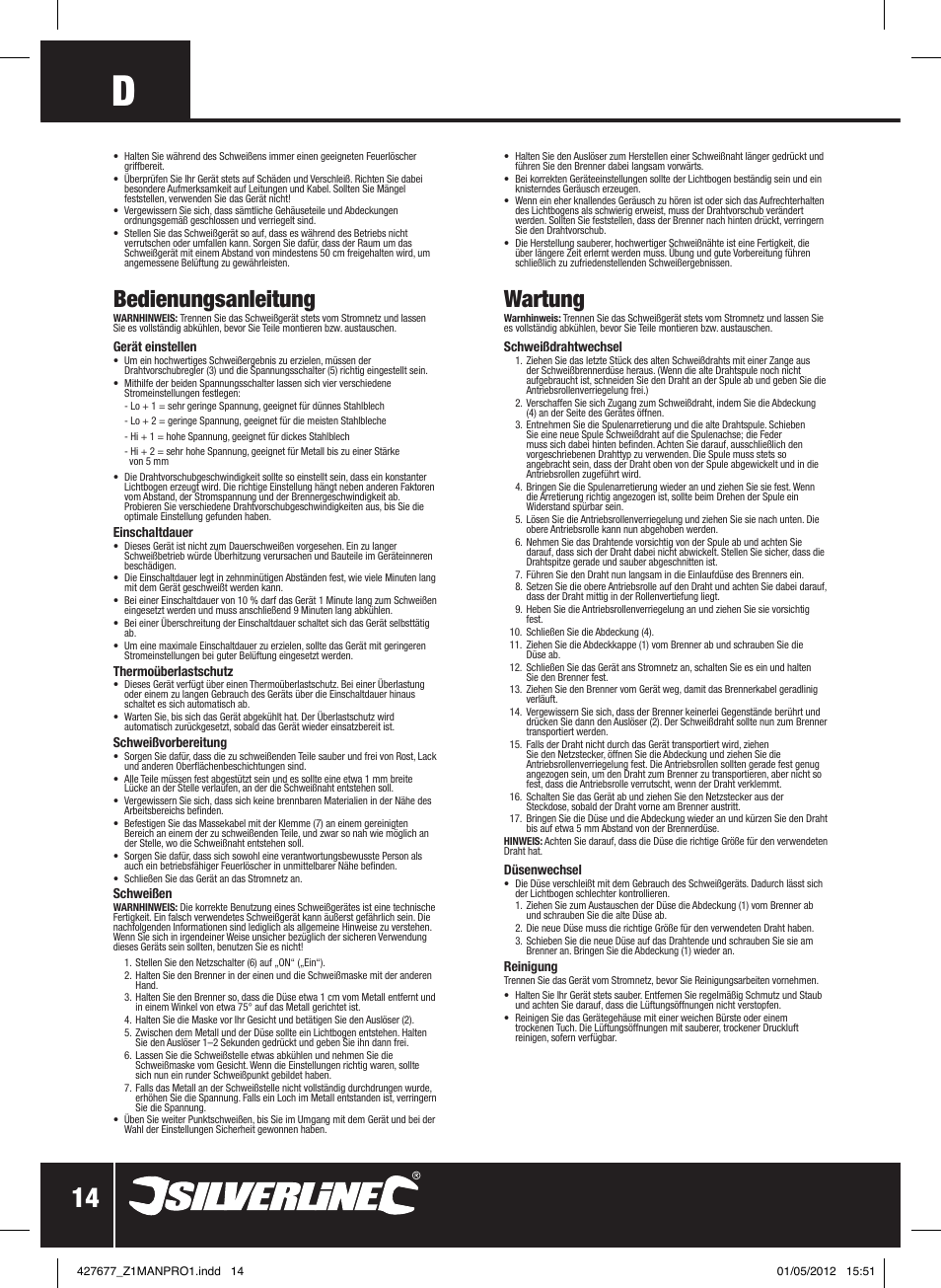 Bedienungsanleitung, Wartung | Silverline 120A Gasless Turbo Mig User Manual | Page 15 / 28