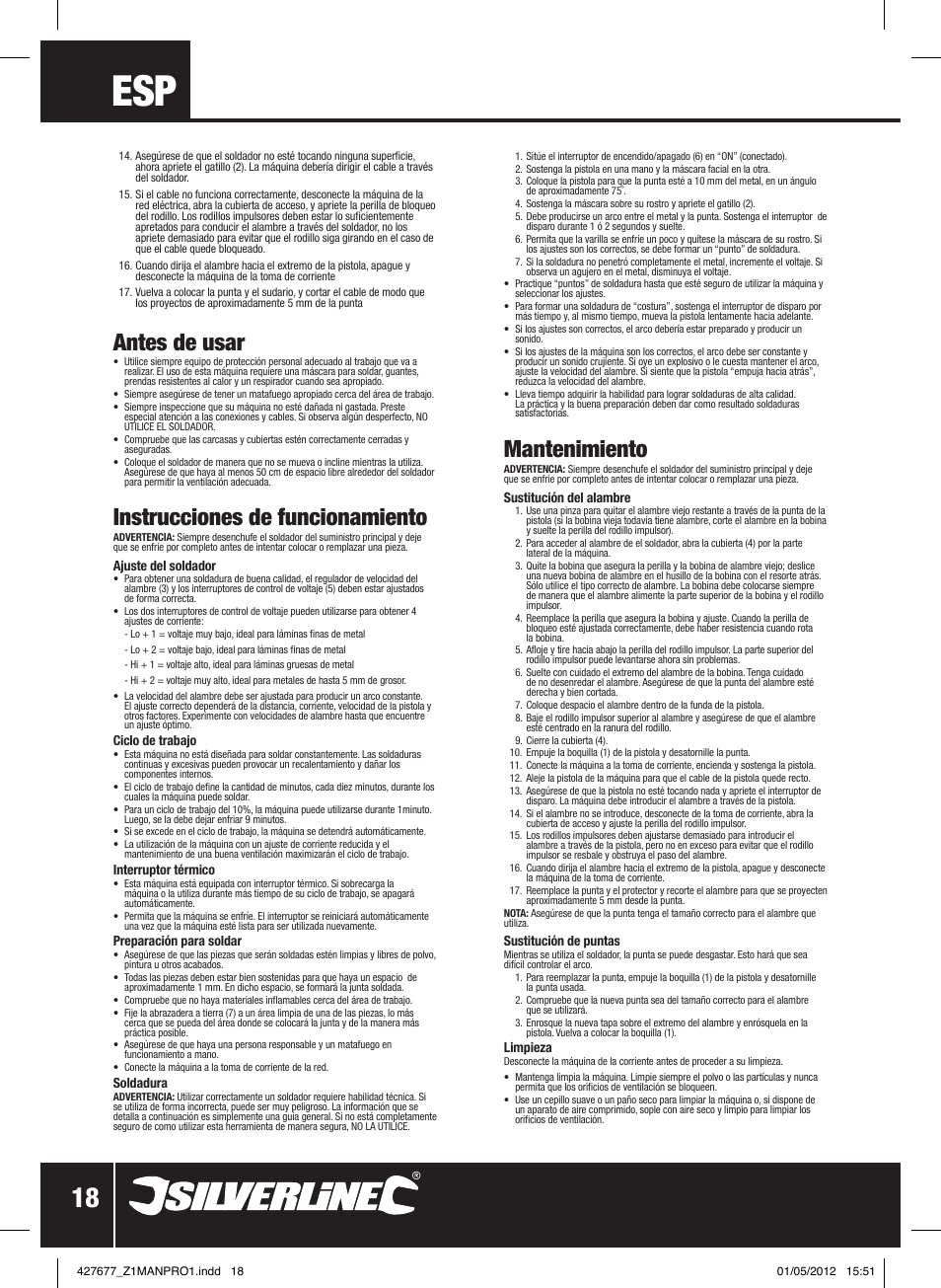 Antes de usar, Instrucciones de funcionamiento, Mantenimiento | Silverline 120A Gasless Turbo Mig User Manual | Page 19 / 28