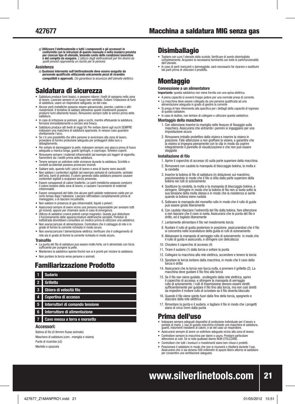 Saldatura di sicurezza, Disimballagio, Montaggio | Prima dell'uso, Familiarizzazione prodotto | Silverline 120A Gasless Turbo Mig User Manual | Page 22 / 28