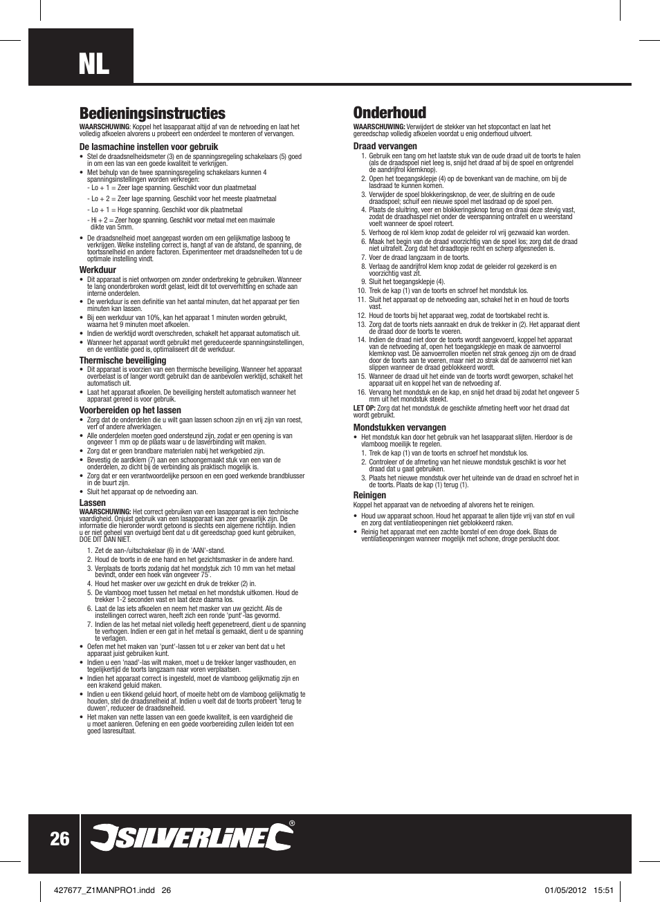 Onderhoud, Bedieningsinstructies | Silverline 120A Gasless Turbo Mig User Manual | Page 27 / 28