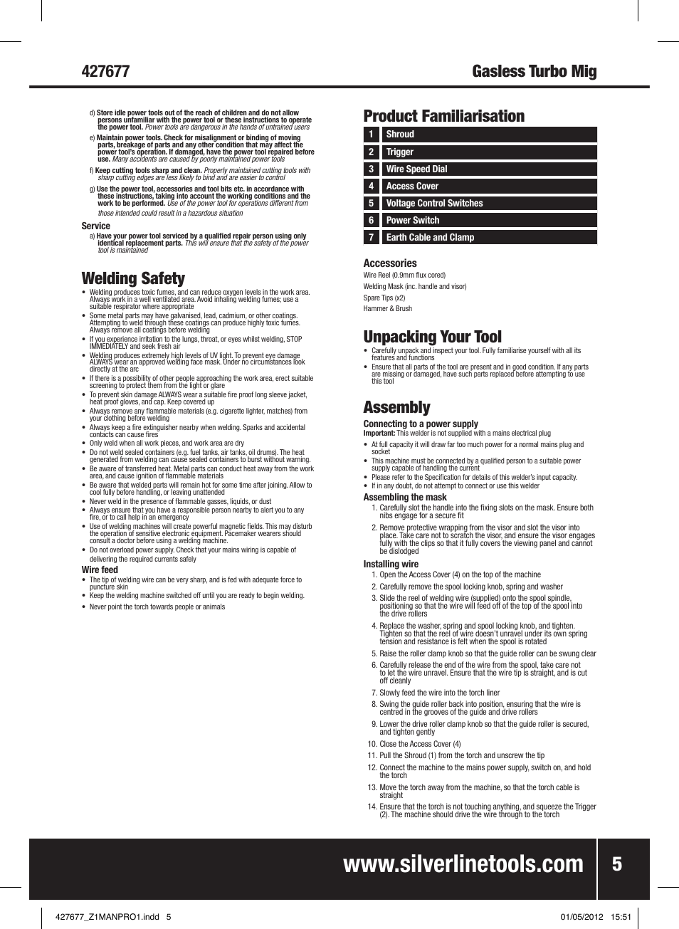 Welding safety, Product familiarisation, Unpacking your tool | Assembly | Silverline 120A Gasless Turbo Mig User Manual | Page 6 / 28