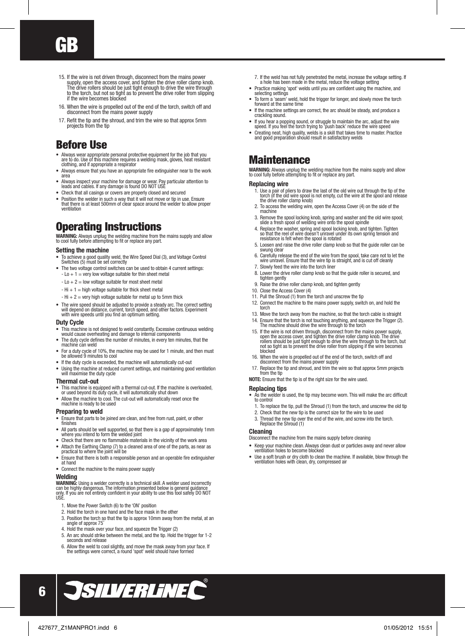 Before use, Operating instructions, Maintenance | Silverline 120A Gasless Turbo Mig User Manual | Page 7 / 28