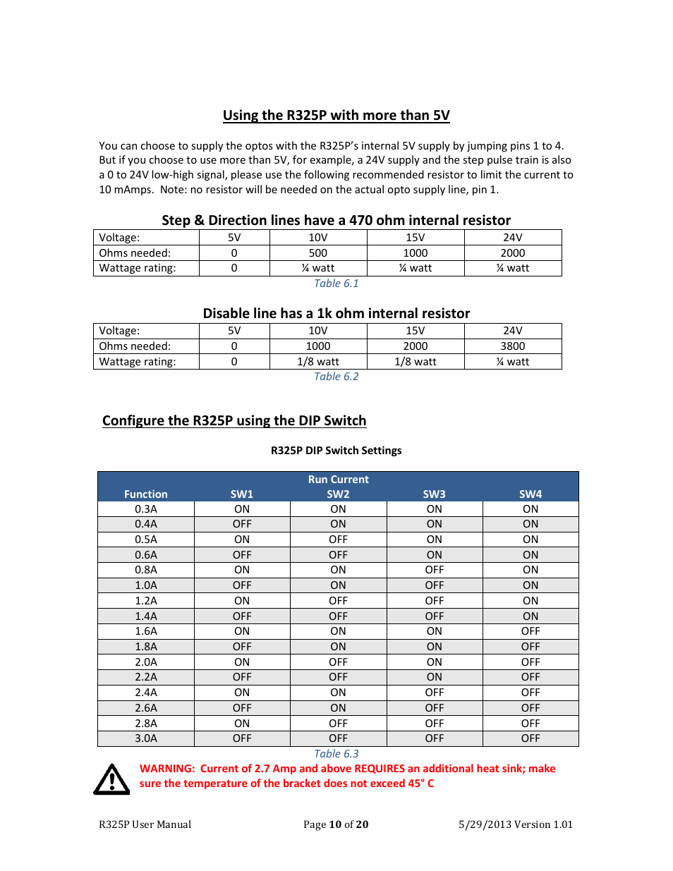 Configure the r325 using the dip switch, Dip switch run current settings, Using the r325p with more than 5v | Disable line has a 1k ohm internal resistor, Configure the r325p using the dip switch | RMS Technologies R325P DRIVER User Manual | Page 10 / 20
