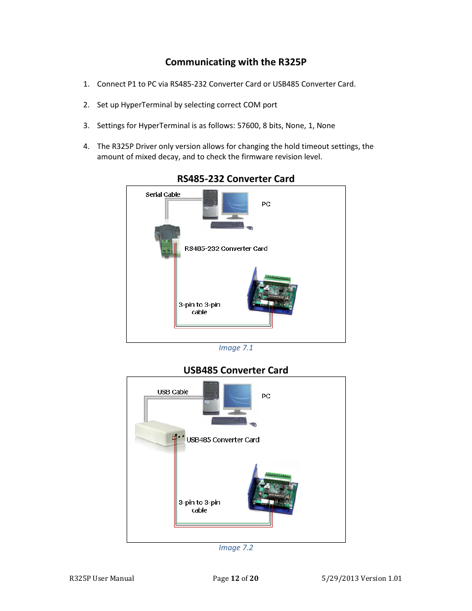 Communicating with the r325p, Usb485 converter card | RMS Technologies R325P DRIVER User Manual | Page 12 / 20