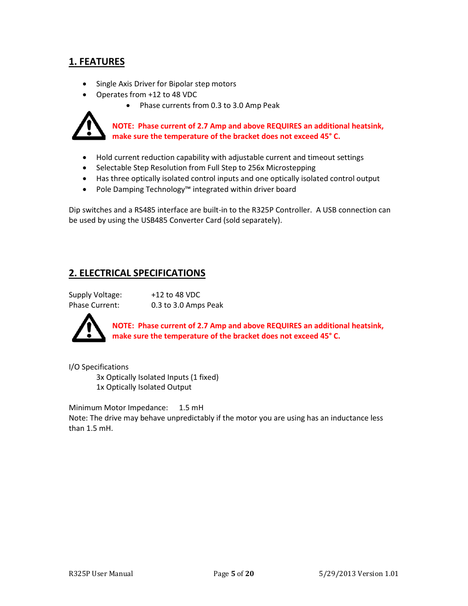 Features, Electrical specifications | RMS Technologies R325P DRIVER User Manual | Page 5 / 20