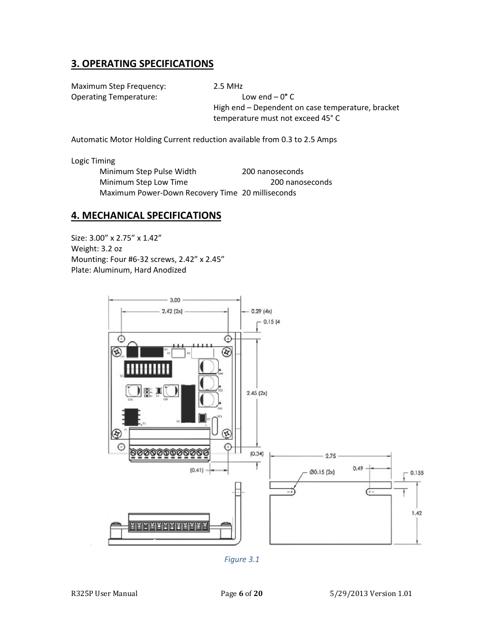 Operating specifications, Mechanical specifications | RMS Technologies R325P DRIVER User Manual | Page 6 / 20