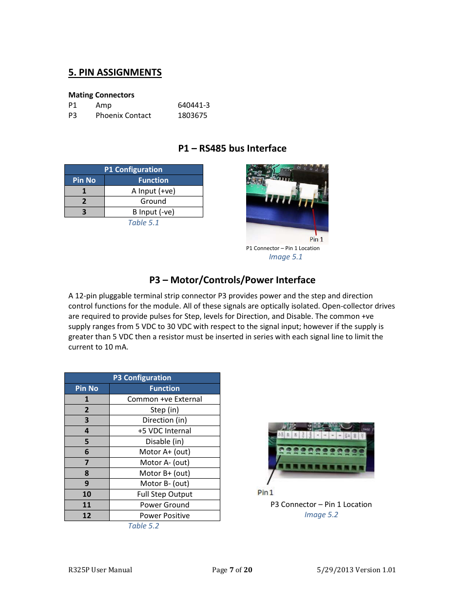 Pin assignments, P1 – rs485 bus interface, P3 – motor/controls/power interface | RMS Technologies R325P DRIVER User Manual | Page 7 / 20