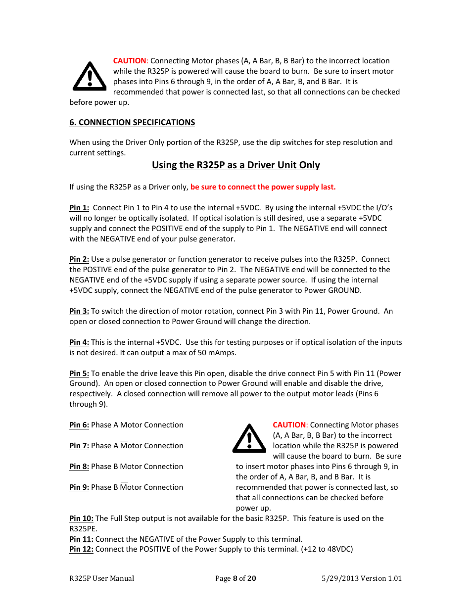 Connection specifications, Using the r325p as a driver unit only | RMS Technologies R325P DRIVER User Manual | Page 8 / 20