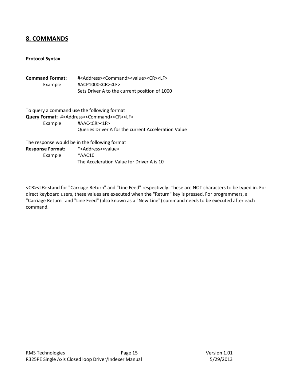 Commands | RMS Technologies R325P DRIVER User Manual | Page 15 / 30
