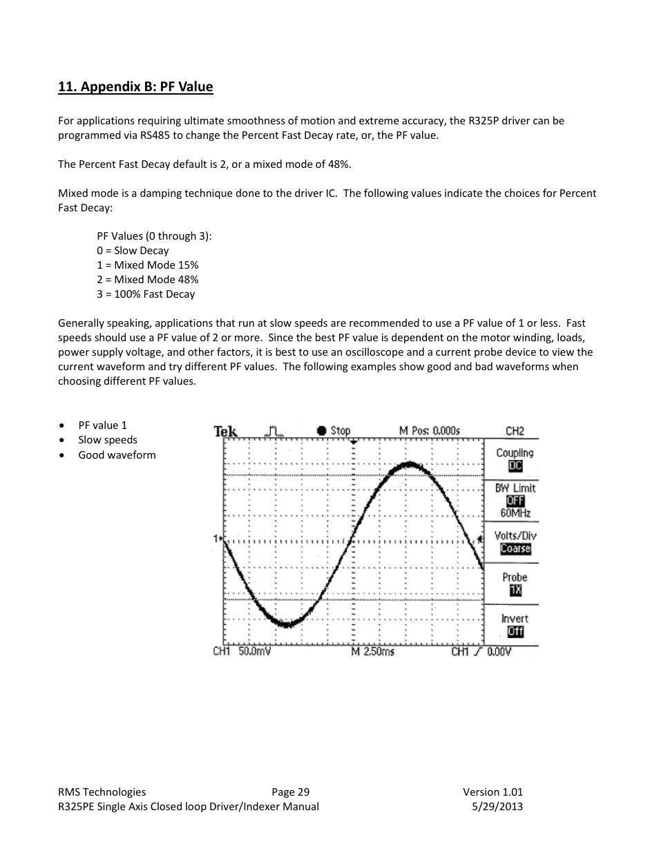 Appendix b: pf value, Appendix b | RMS Technologies R325P DRIVER User Manual | Page 29 / 30