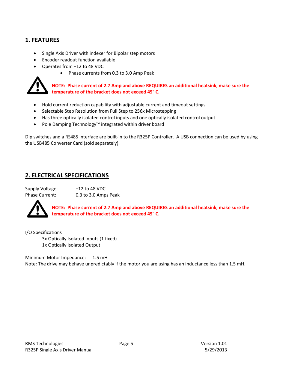 Features, Electrical specifications | RMS Technologies R325P DRIVER User Manual | Page 5 / 30