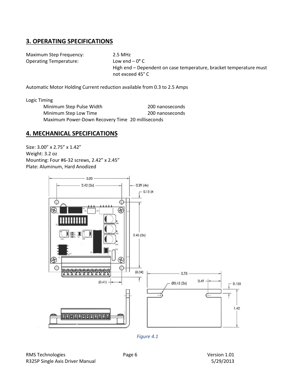 Operating specifications, Mechanical specifications | RMS Technologies R325P DRIVER User Manual | Page 6 / 30
