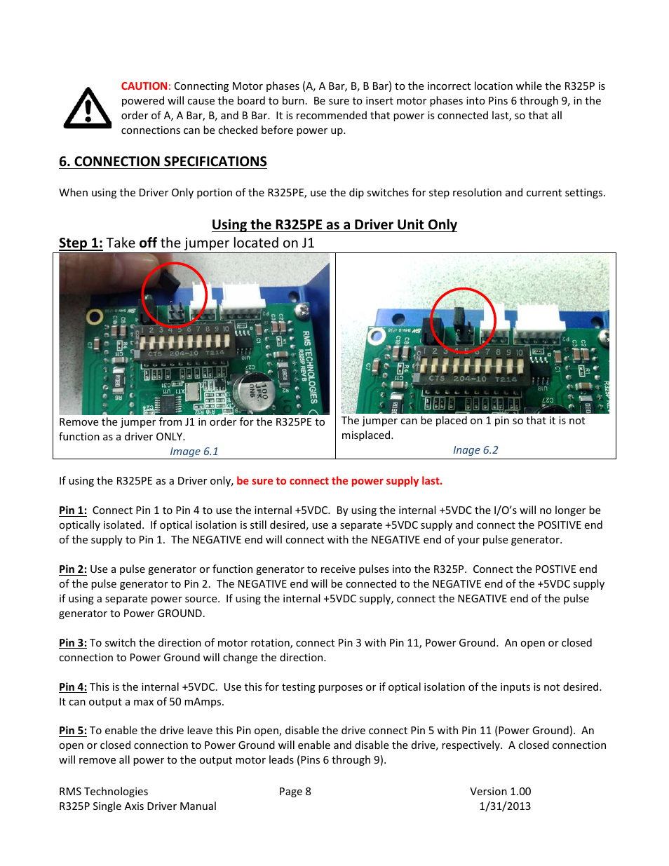Connection specifications | RMS Technologies R325P DRIVER User Manual | Page 8 / 30