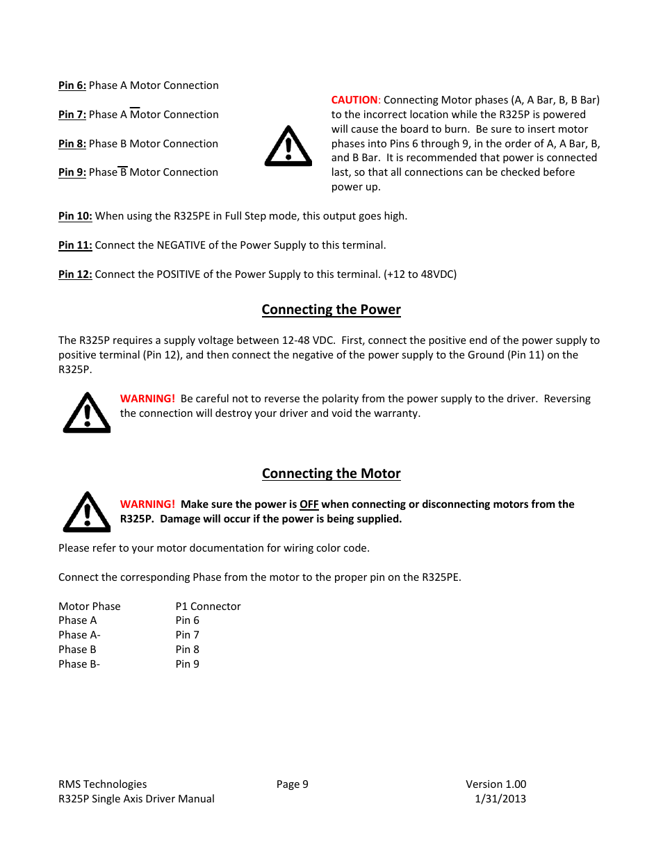 Connecting the power, Connecting the motor | RMS Technologies R325P DRIVER User Manual | Page 9 / 30