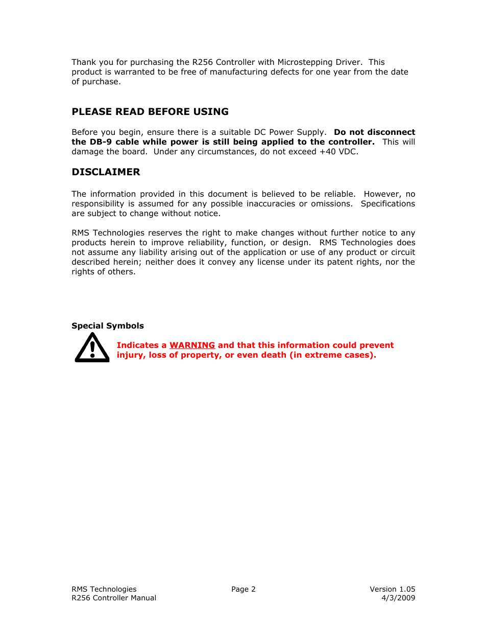 RMS Technologies R256 CONTROLLER/DRIVER User Manual | Page 2 / 27