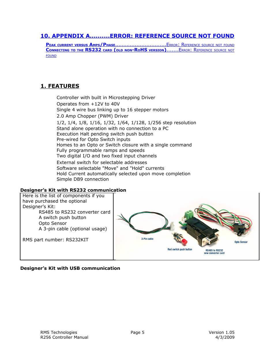 Features | RMS Technologies R256 CONTROLLER/DRIVER User Manual | Page 5 / 27