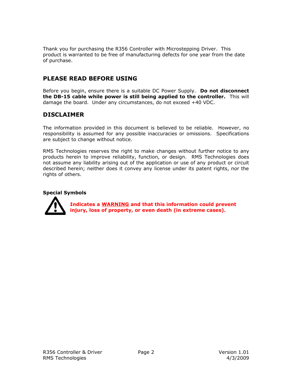 RMS Technologies R356-RO CONTROLLER/DRIVER User Manual | Page 2 / 25