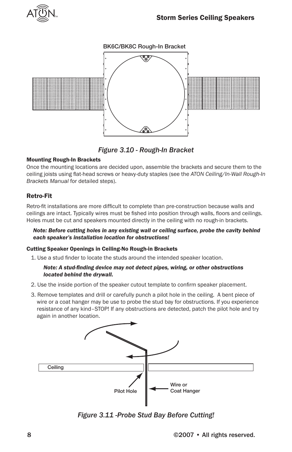 Storm series ceiling speakers, Figure 3.10 - rough-in bracket, Figure 3.11 -probe stud bay before cutting | ATON A81C User Manual | Page 10 / 16