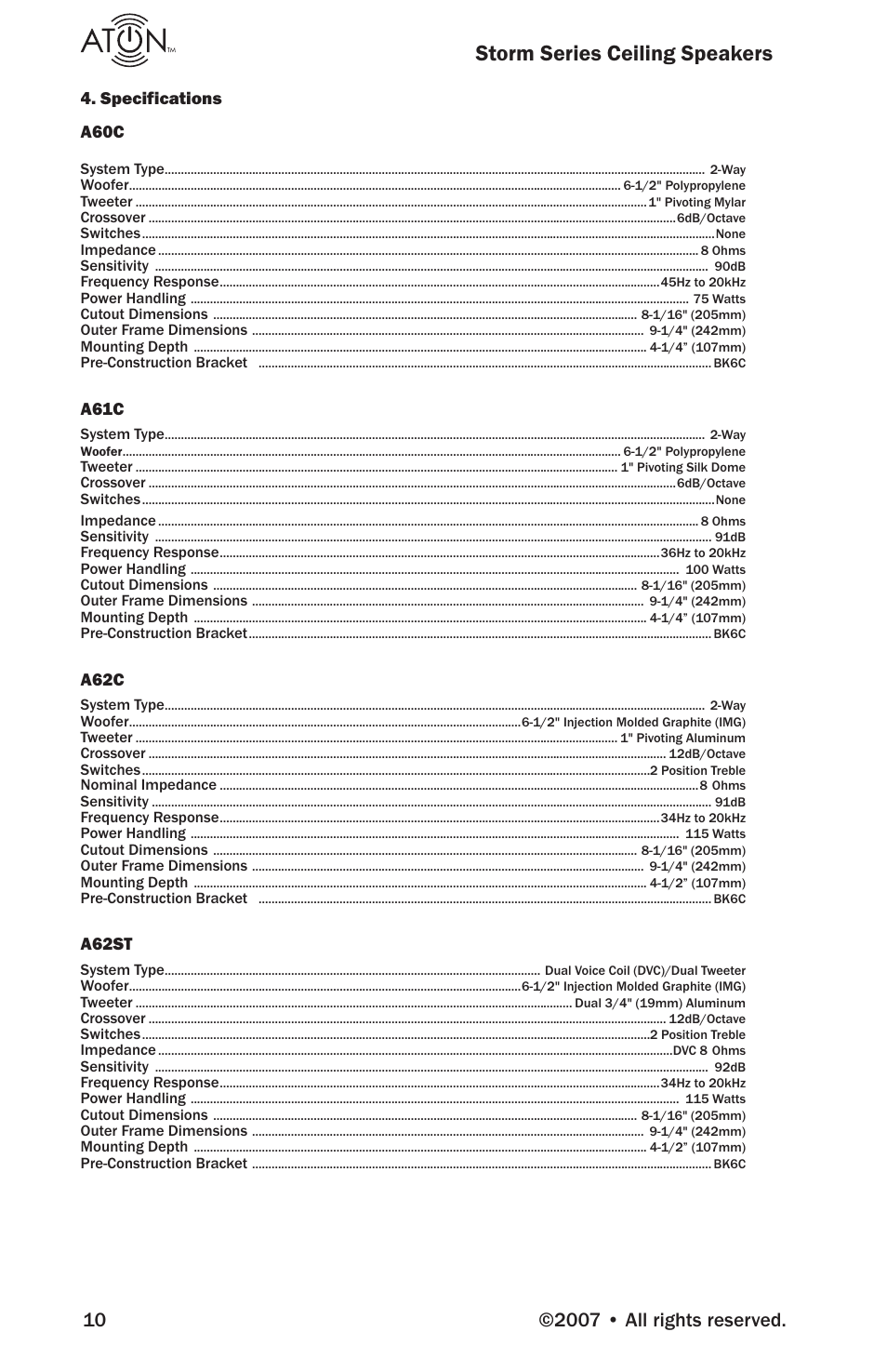Storm series ceiling speakers, Specifications a60c, A61c | A62c, A62st | ATON A81C User Manual | Page 12 / 16