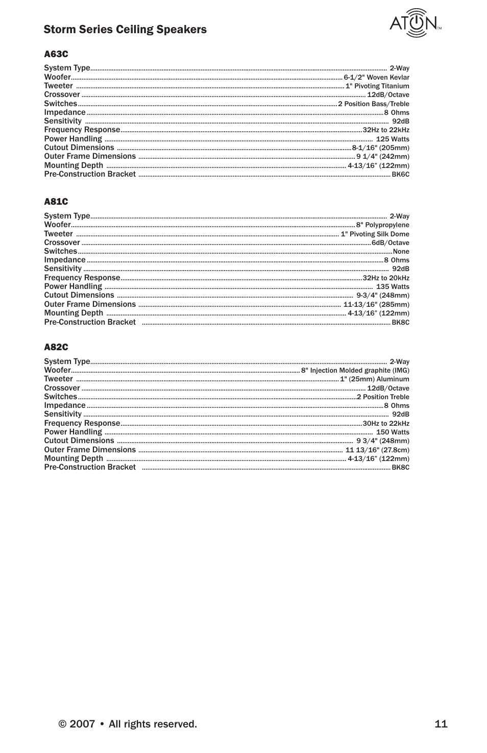 Storm series ceiling speakers, A63c, A81c | A82c | ATON A81C User Manual | Page 13 / 16