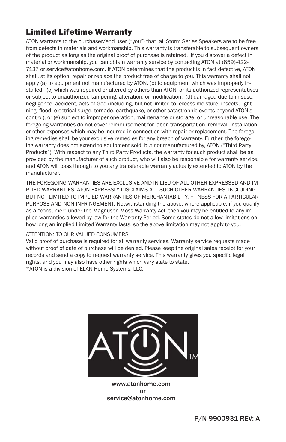 Limited lifetime warranty | ATON A81C User Manual | Page 16 / 16