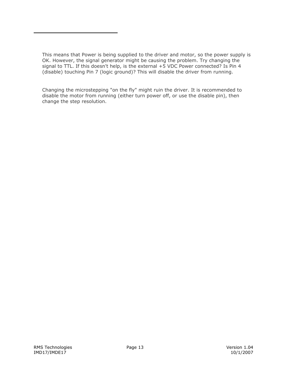 Troubleshooting | RMS Technologies IMDE17 INTEGRATED MOTOR + DRIVER + ENCODER User Manual | Page 13 / 13