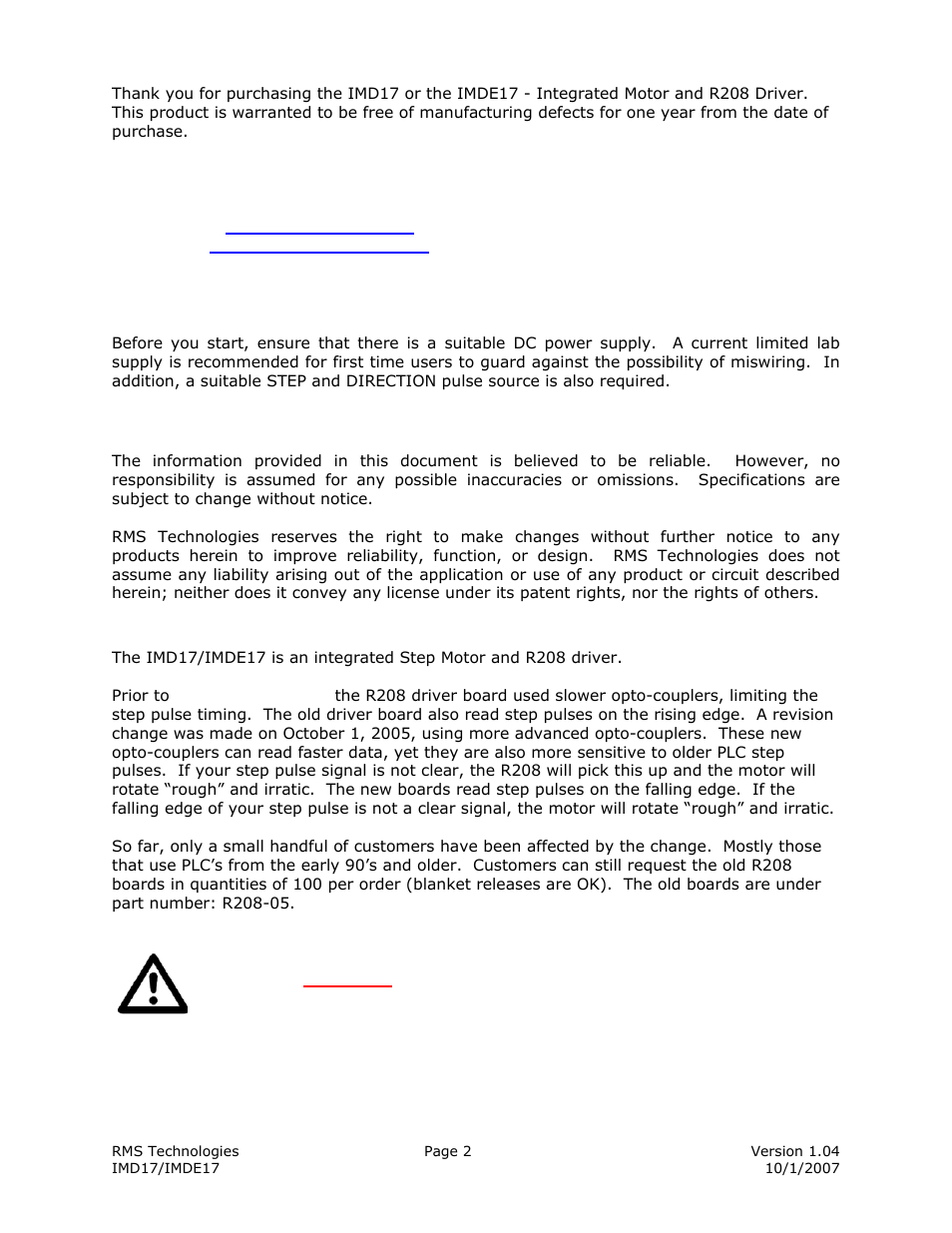 Changes to the driver board | RMS Technologies IMDE17 INTEGRATED MOTOR + DRIVER + ENCODER User Manual | Page 2 / 13