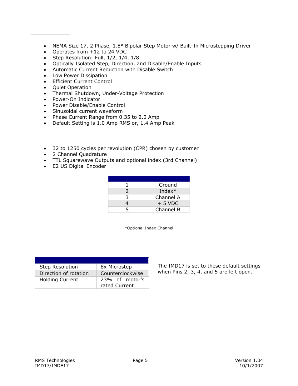 Features | RMS Technologies IMDE17 INTEGRATED MOTOR + DRIVER + ENCODER User Manual | Page 5 / 13