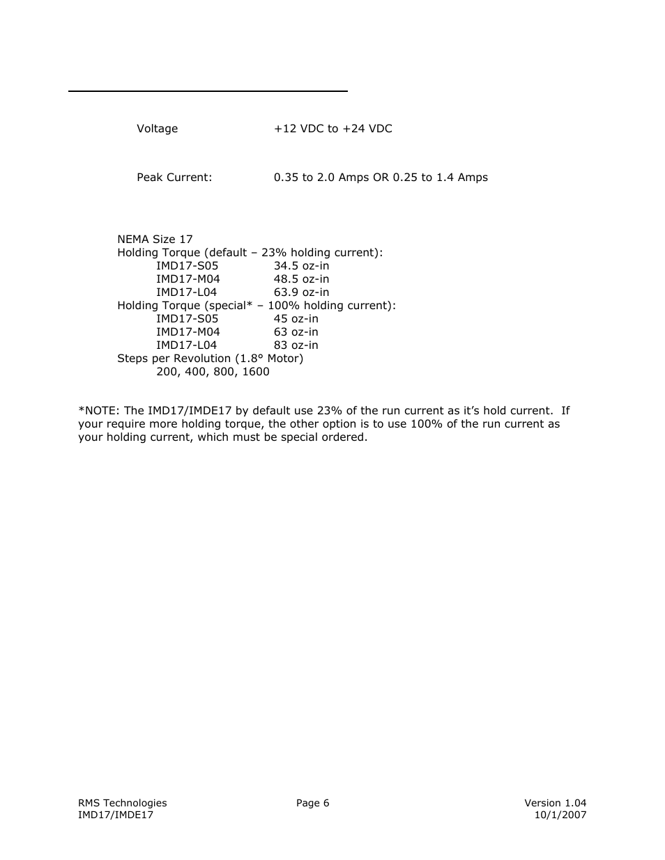 Electrical specifications | RMS Technologies IMDE17 INTEGRATED MOTOR + DRIVER + ENCODER User Manual | Page 6 / 13