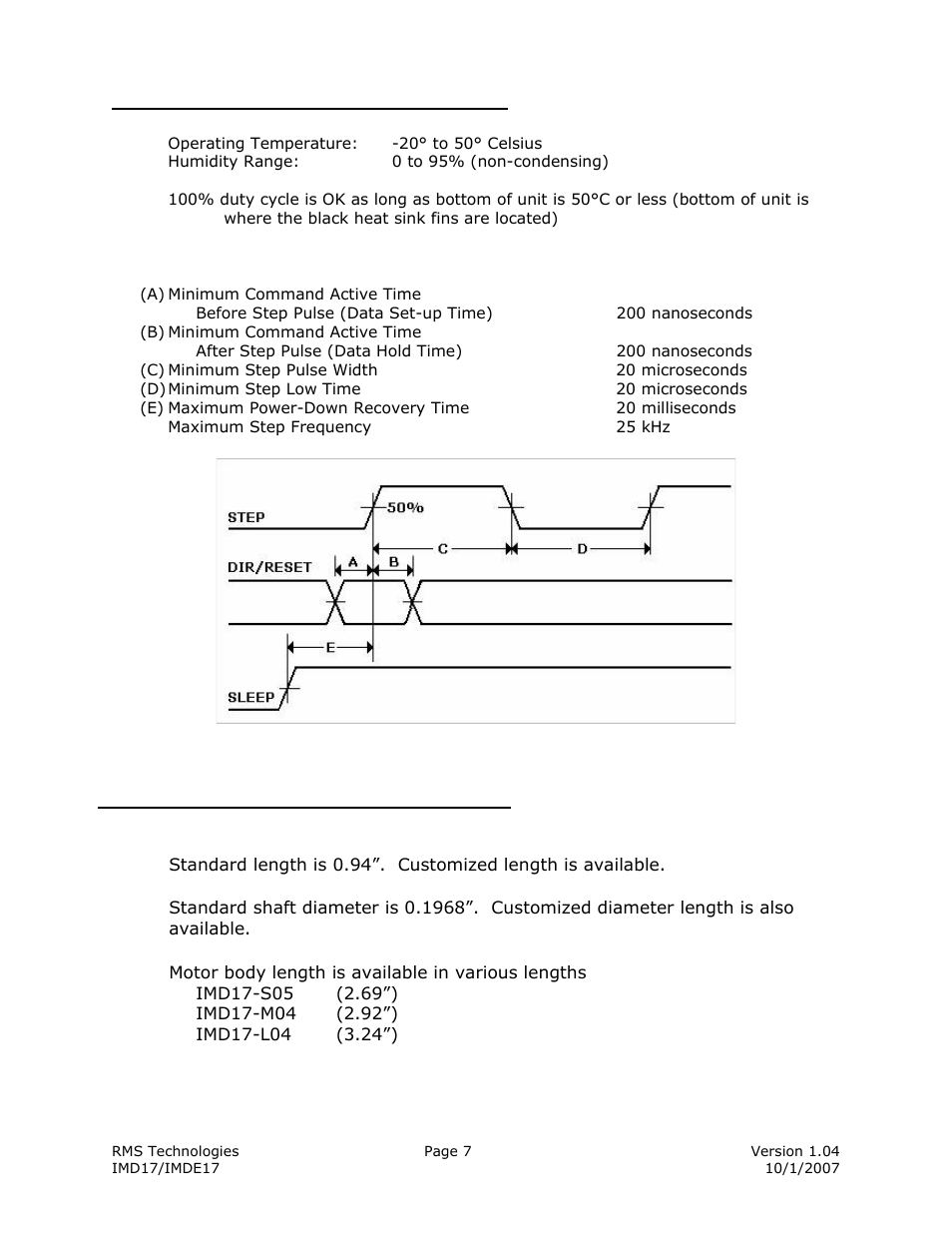 Operating specifications, Mechanical specifications | RMS Technologies IMDE17 INTEGRATED MOTOR + DRIVER + ENCODER User Manual | Page 7 / 13