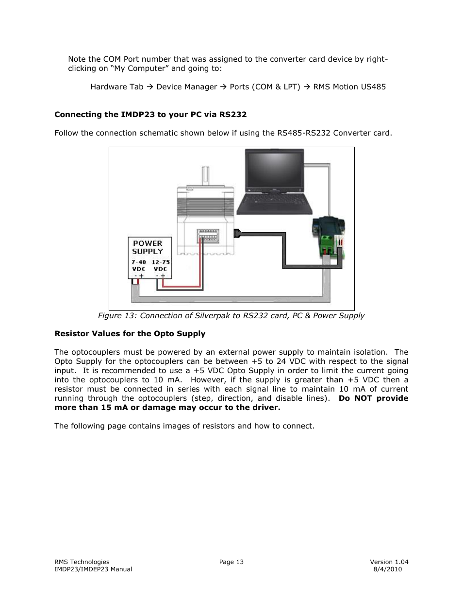 Onnecting the, Imdp23, To your | Rs232, Esistor, Alues for the, Upply | RMS Technologies IMDP 23 W/ POLE DAMPING TECHNOLOGY*NEW* User Manual | Page 13 / 26