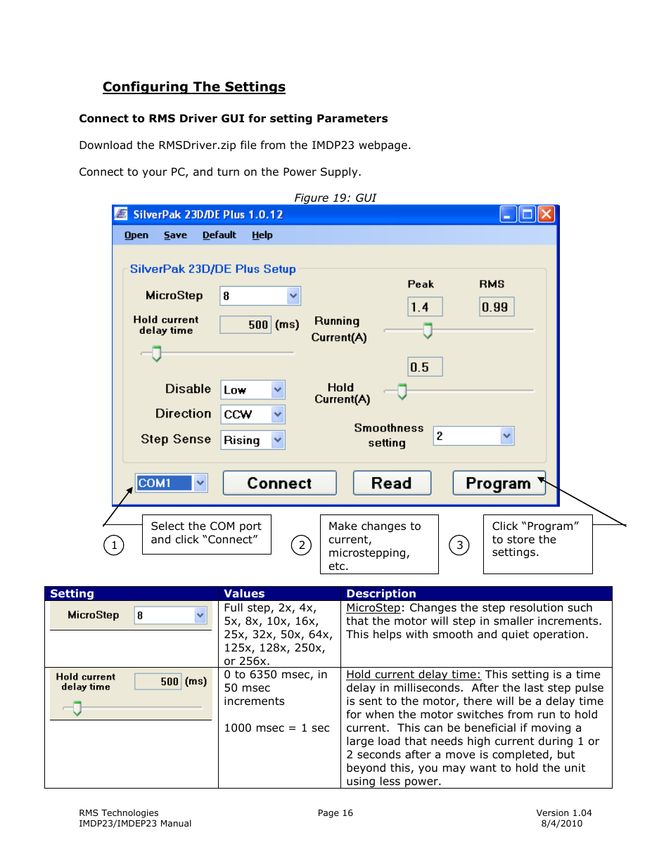 Configuring the settings, Onnect to, River | For setting, Arameters | RMS Technologies IMDP 23 W/ POLE DAMPING TECHNOLOGY*NEW* User Manual | Page 16 / 26