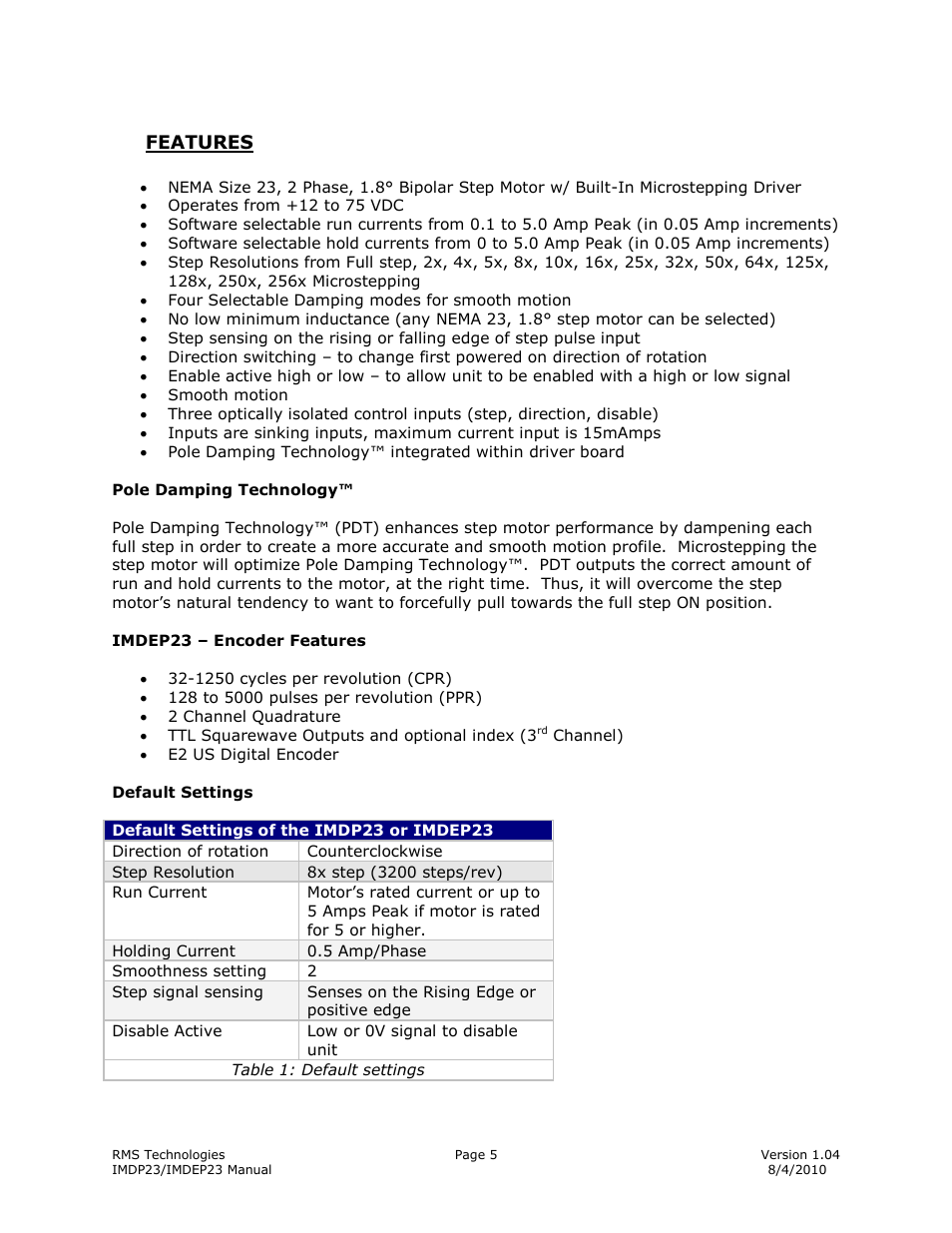 Features, Amping, Echnology | Imdep23, Ncoder, Eatures, Efault, Ettings | RMS Technologies IMDP 23 W/ POLE DAMPING TECHNOLOGY*NEW* User Manual | Page 5 / 26