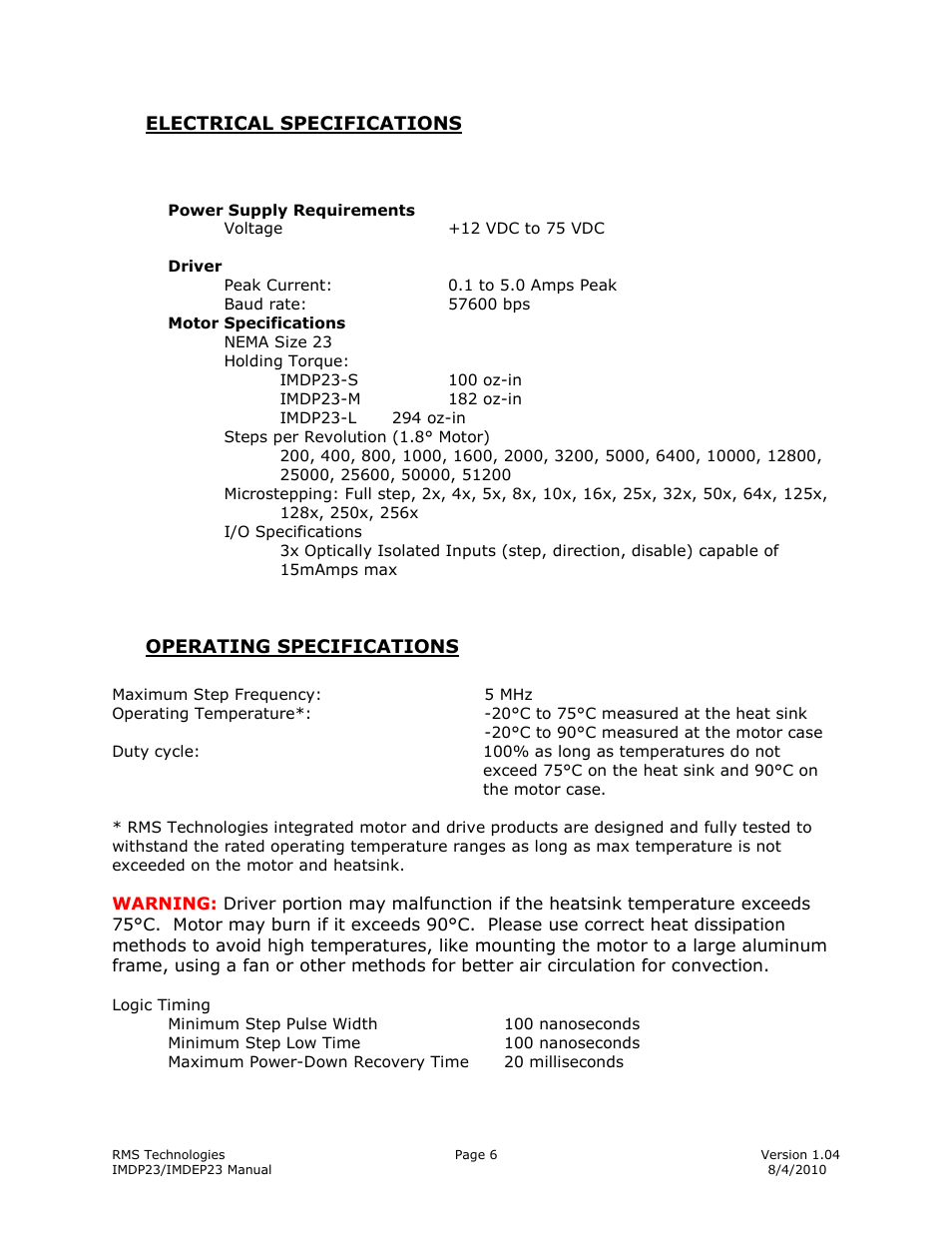 Electrical specifications, Operating specifications | RMS Technologies IMDP 23 W/ POLE DAMPING TECHNOLOGY*NEW* User Manual | Page 6 / 26