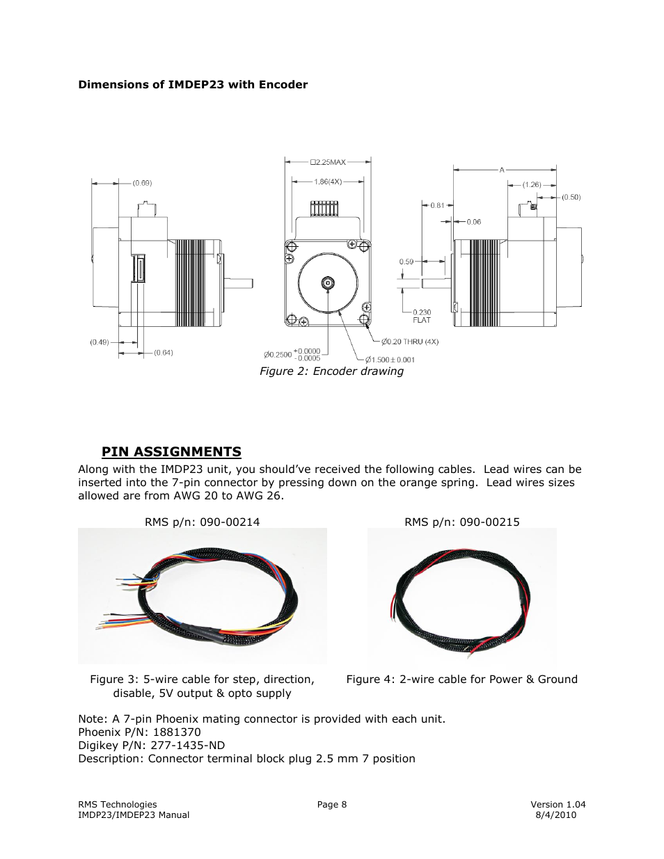 Imensions of, Imdep23, With | Ncoder, Pin assignments, 5pin assignments | RMS Technologies IMDP 23 W/ POLE DAMPING TECHNOLOGY*NEW* User Manual | Page 8 / 26