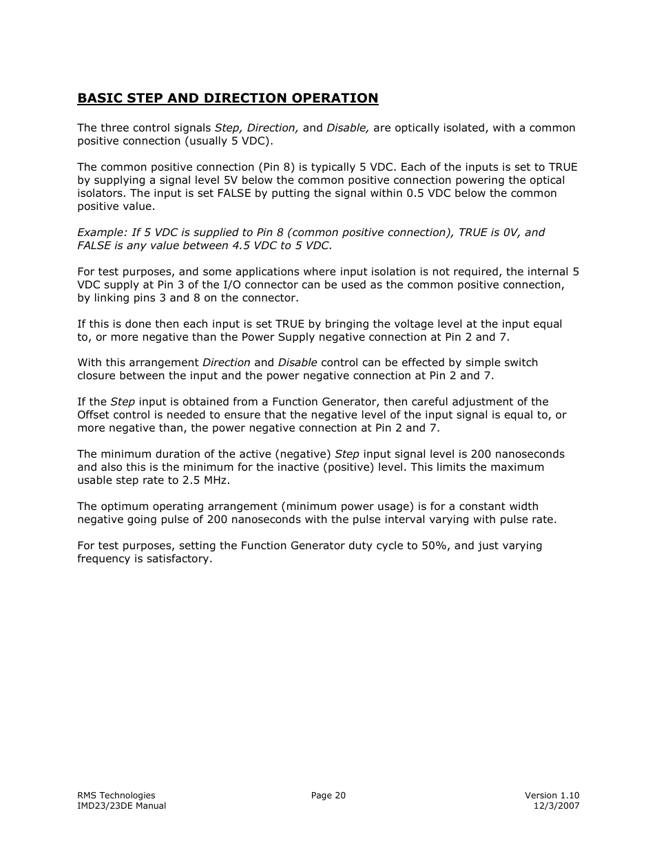 Basic step and direction operation | RMS Technologies IMD23 W/ POLE DAMPING TECHNOLOGY User Manual | Page 20 / 23