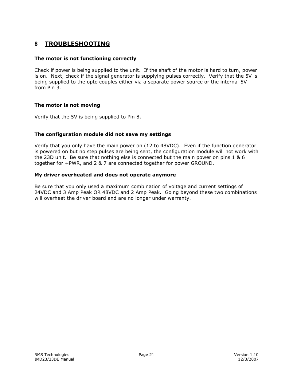 8troubleshooting | RMS Technologies IMD23 W/ POLE DAMPING TECHNOLOGY User Manual | Page 21 / 23