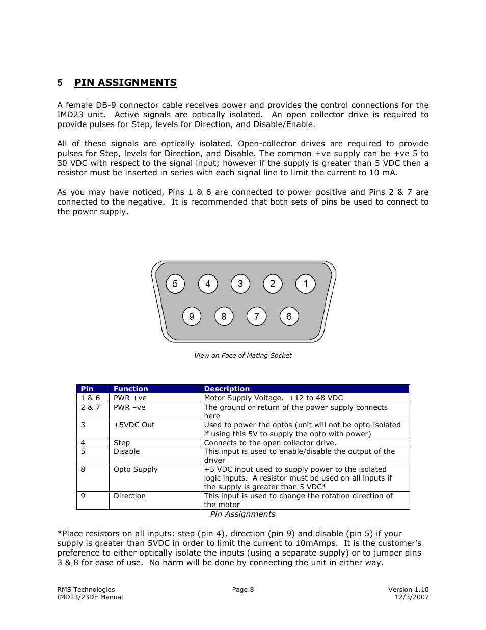 5pin assignments | RMS Technologies IMD23 W/ POLE DAMPING TECHNOLOGY User Manual | Page 8 / 23