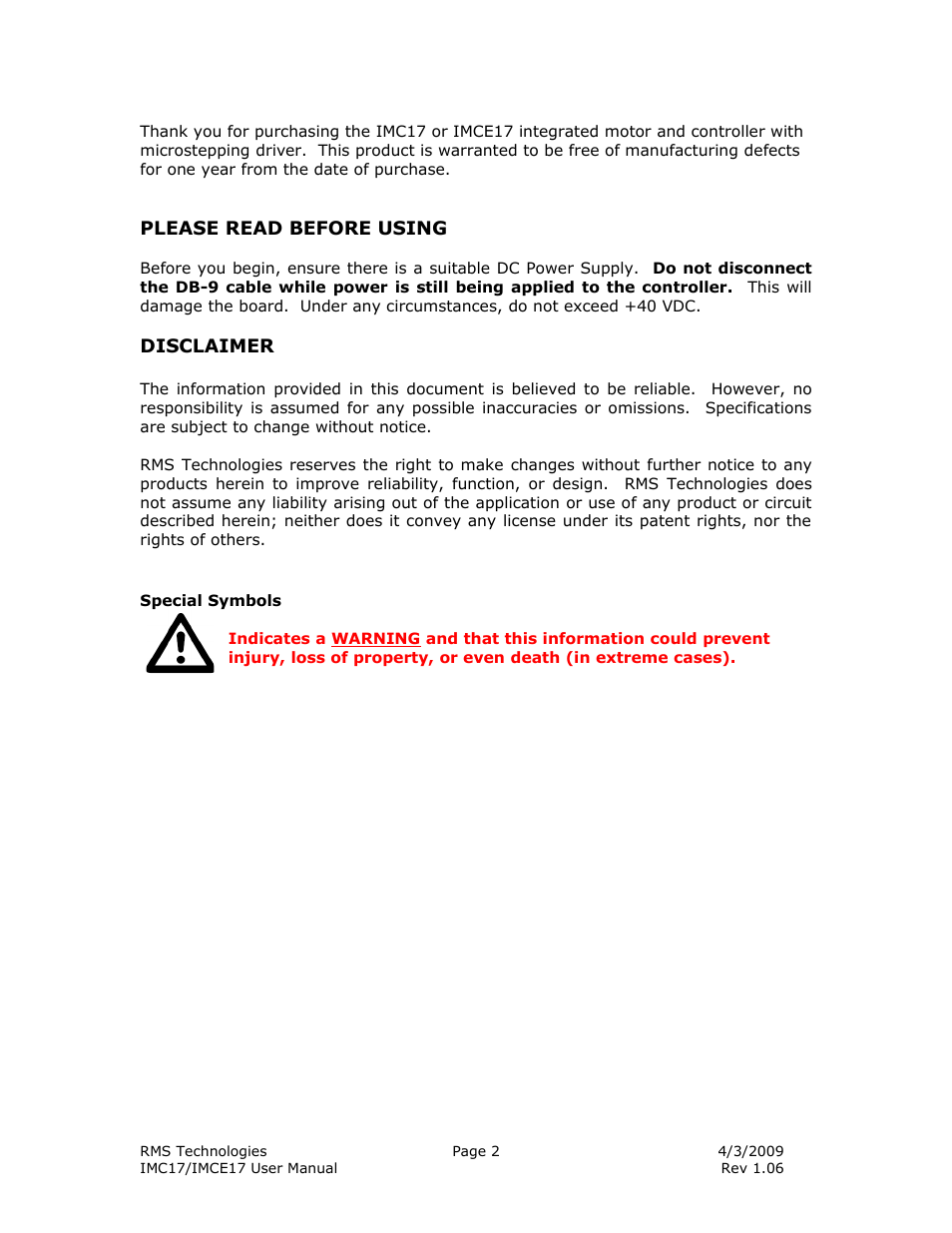 RMS Technologies IMC17 INTEGRATED MOTOR CONTROLLER/DRIVER User Manual | Page 2 / 23
